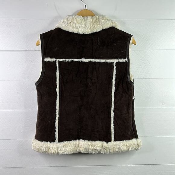 STEVE MADDEN Brown Leather Cream Fur Zip Up Vest Jacket Size Medium - Picture 2 of 11